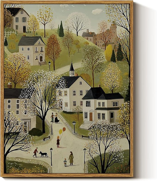 InSimSea Vintage Framed Folk Wall Art, Village Quaint Town Landscape Canvas Painting, Waterproof Moisture-Resistant Home Decor for Living Room Bedroom and Office 12x16 Inch