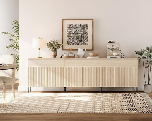 WAMPAT 94.5" W Large Sideboard Buffet Cabinet with Storage,3 in 1 Fluted Sideboard Buffet with 6 Doors, Wooden Buffet Table, Coffee Bar Wine Bar Cabinet for Kitchen, Dining Room, Living Room, Beige