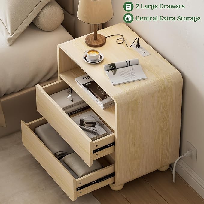 Lulive Wood Night Stand with Drawers, Modern Bedside End Table with Charging Station, Curved Profile Design Storage Nightstand for Bedroom, Natrual