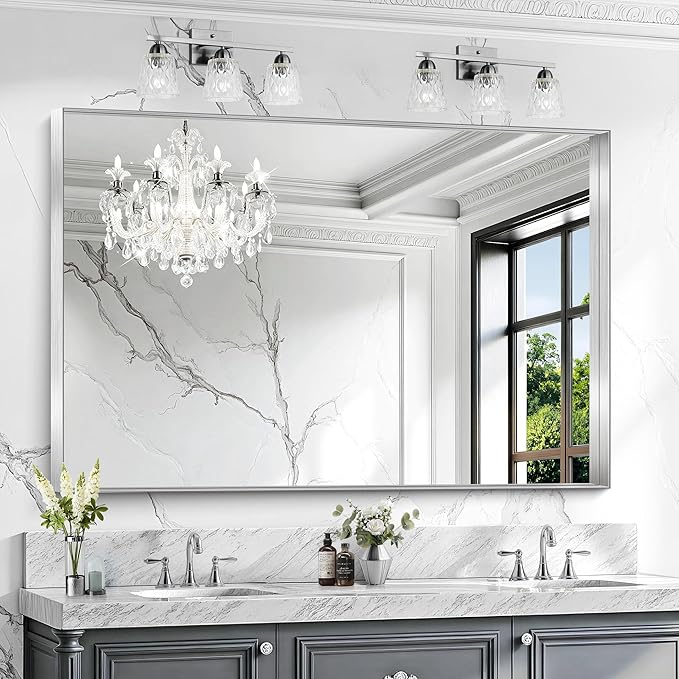 CIRCUMI Silver Bathroom Mirror, 36"x55" Rectangular Mirror with Deep Metal Frame, Brushed Finish, Tempered Glass, Large Mirror for Wall, Over 2 Sinks, Installed Vertically/Horizontally, Crystal-Clear