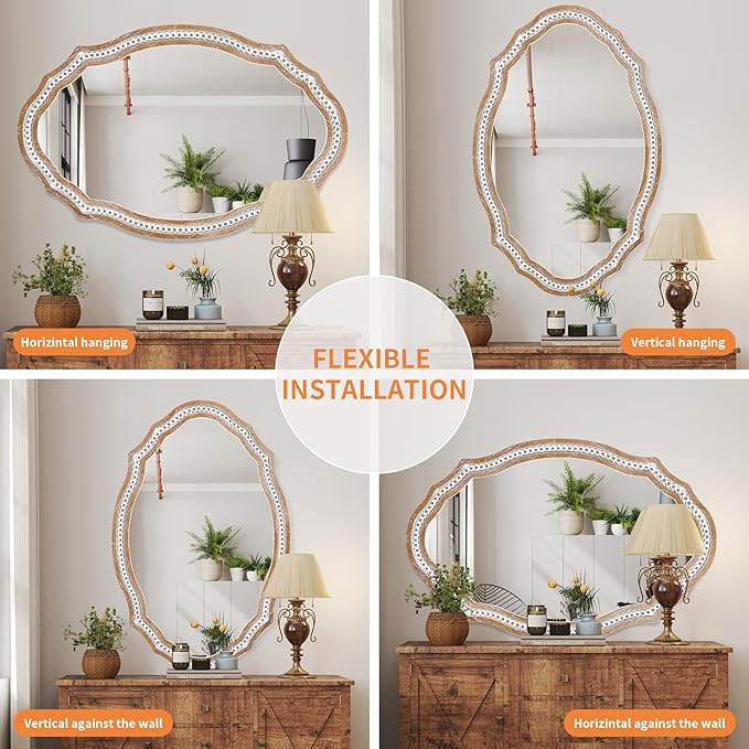 24x35 Inch Decorative Wooden Oval Wall Mirror, Rustic Farmhouse Bathroom Mirror Over Sink, Accent for Entryway, Living Room, Bedroom, Vertical or Horizontal Hanging
