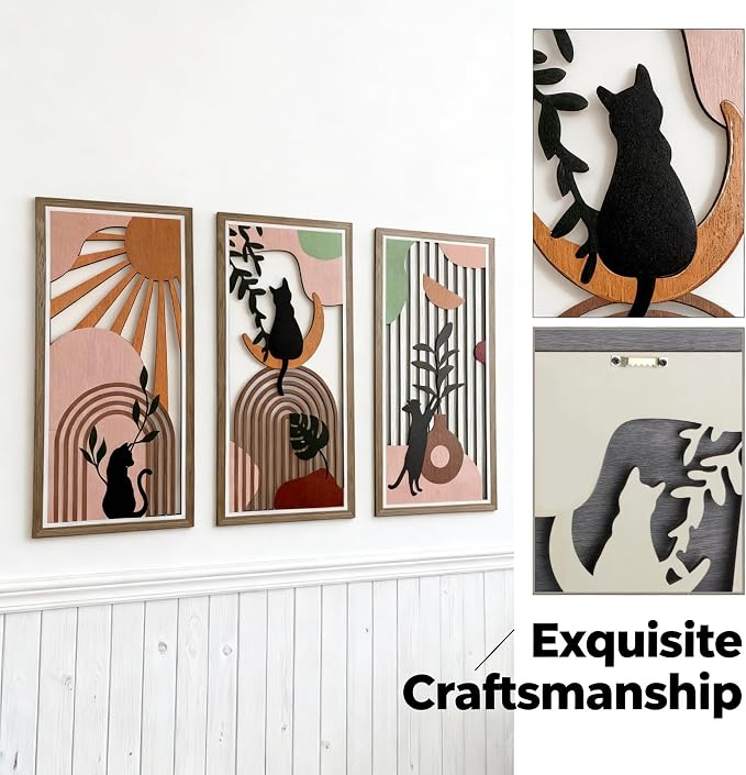 Boho Black Cat Wall Art for Living Room - 3Pcs Cat & Sun Wood Wall Decor, Minimalist Geometric Black Cat Design, Rustic Bohemian Hanging Art for Women, Homeowners, Renters, Bedroom, Bathroom, Office, Housewarming Gift for Cat Lovers