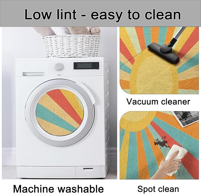 5x6 Washable Area Rug, Colorful Retro Sunburst Stripes Design Non Slip Non-Shedding Rug Easy Care for Living Room Bedroom Kitchen Office Carpet