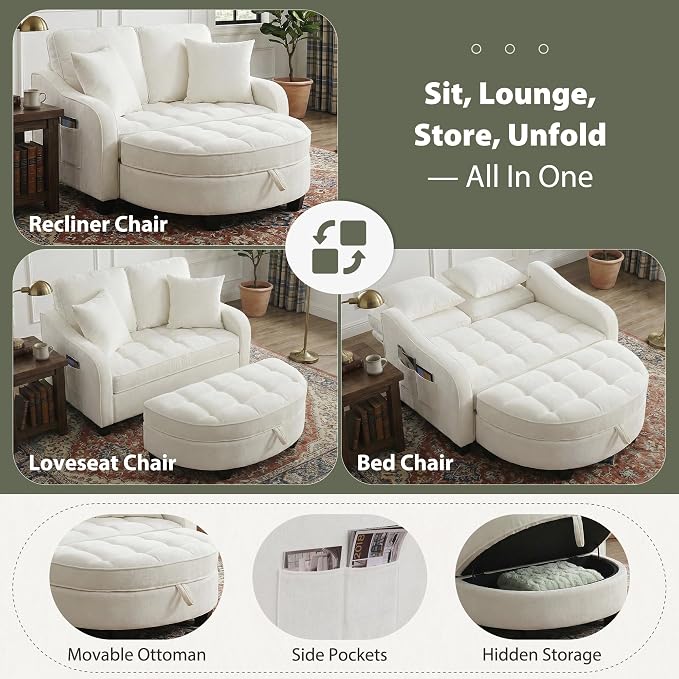 Round Chaise Lounge Chair with Storage Ottoman, Oversized Bubble Chair and a Half Featuring Adjustable Backrest, Plush Reading Accent Chair and Ottoman Set for Bedroom, Light Beige