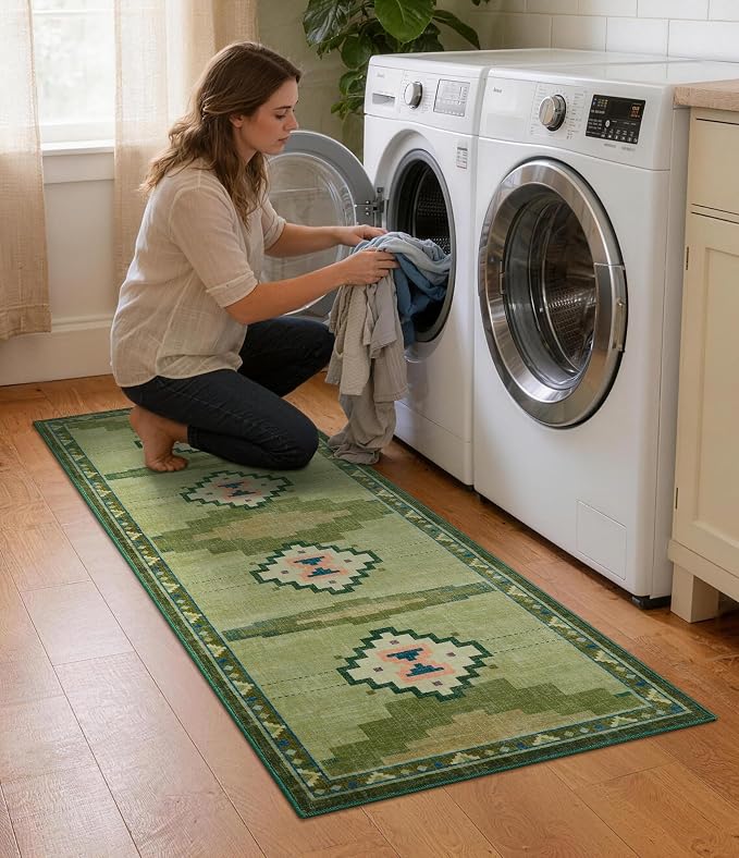 Green Hallway Runner Rug 2x6 Non-Slip, Washable Mid Century Modern Entryway Rug, Low Pile Runner Rug for Kitchen, Bedroom, Laundry Room