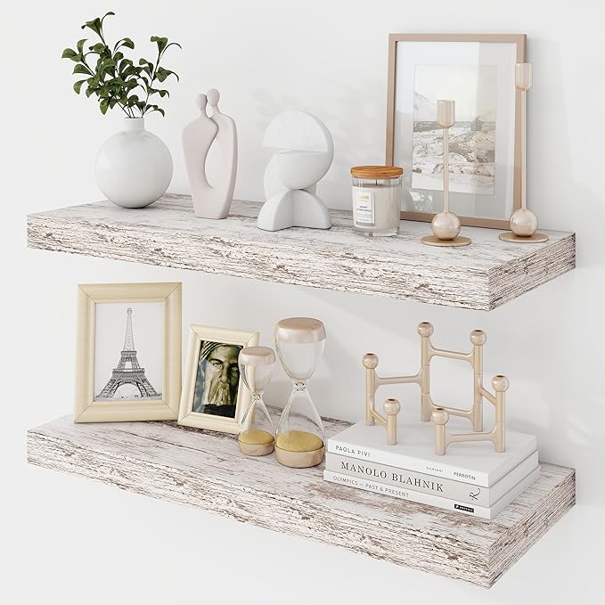 24 Inch Floating Shelves, 9.3" Deep Floating Shelf Wall Mounted, 24" Wall Shelves, Rustic Deep Bookshelf, Large Display Shelves & Storage Shelves for Bedroom, Living Room, Rustic, Set of 2