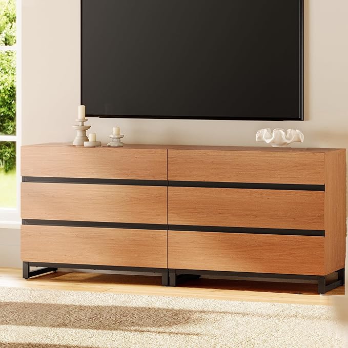 WAMPAT Dresser for Bedroom, Closet Organizers and Storage with 6 Drawers, Chest of Drawers with Metal Base, Modern Wood Dresser for Living Room, Bedroom, Mocha