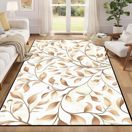 Botanical Leaf Vine Area Rug Beige Floral Branch Print Rug for Bedroom Living Room Kitchen Nursery Playroom Home Decor Non-Slip Washable Floor Mat Modern Farmhouse Carpet,4'x6'