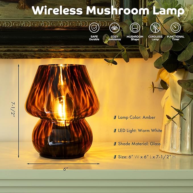Battery Operated Mushroom Lamp - Vintage Small Table Lamp with Timer, Cordless Bedside Nightstand Lamp, Glass Battery Powered Lamp for Bedroom Kitchen Living Room Shelf Decor Aesthetic Amber