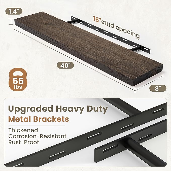 Fun Memories Solid Elm Wood Floating Shelves Set of 1-40 Inch Rustic Wall Shelves with Heavy-Duty Invisible Brackets - for Living Room, Kitchen, Bedroom, Bathroom - Walnut Finish