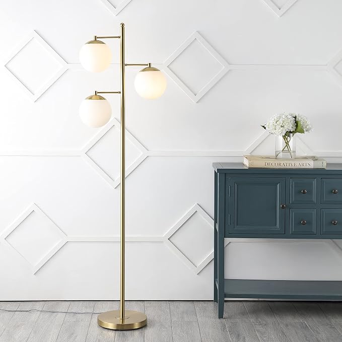 JONATHAN Y 66" Brass Gold 3-Light Mid-Century Modern LED Floor Lamp, Art Deco Triple Frosted Glass Globe Standing Lamp for Living Room, Bedroom, LED Bulbs Included JYL3087A