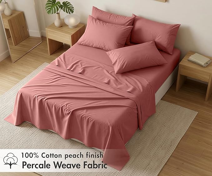 RUVANTI 100% Cotton Percale Sheets Twin XL Size 4 Piece Set, Cooling Bed Sheets for Hot Sleepers, Deep Pocket 16”, Breathable Lightweight & Durable, Crisp Hotel Style Sheets, Terracotta
