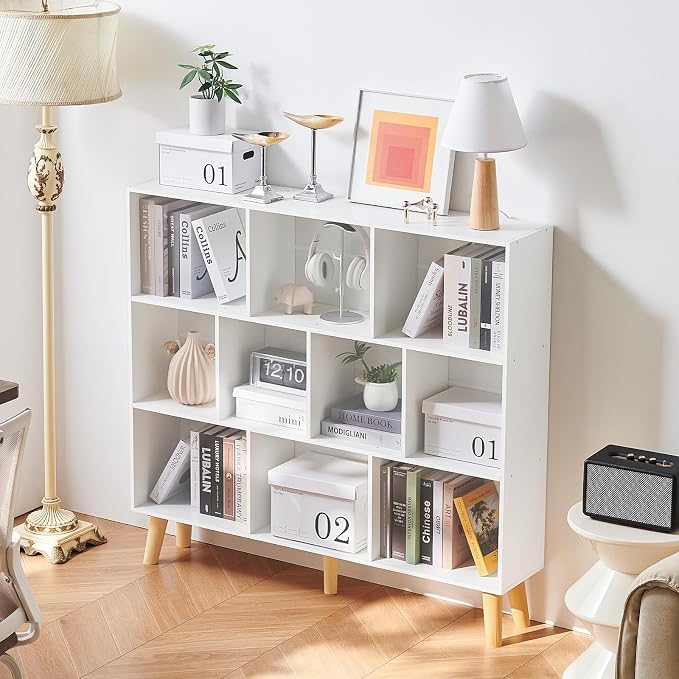 LEYAOYAO 10 Cube Bookshelf,3 Tier Modern Wide Bookcase with Legs,Mid-Century Wood Bookshelves Storage，White Large Book Case,Freestanding Organizer Display Shelf for Bedroom,Living Room,Office