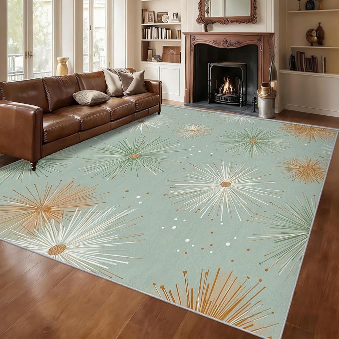 Mid Century Modern Rugs for Bedroom 6x9 ft, Starburst Area Rugs for Living Room, Washable Non Slip Low Pile Retro Atom Carpet, Home Decor PF-P 107