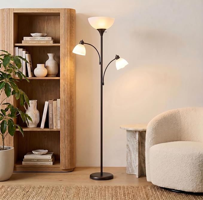 Brightech Sky Dome Double LED Floor lamp, Torchiere Super Bright Floor Lamp with 2 Reading Lamps for Living Rooms & Offices - Dimmable Tall Standing Lamp for Bedroom Reading - Bronze