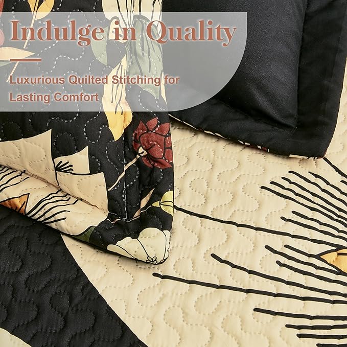 2 Piece Black Boho Floral Twin Size Quilt Sets Farmhouse Botanical Reversible Lightweight Bedspread Coverlet with 1 Sham Mid Century Microfiber Bedding Quilts Set for All Season, 68''x86''