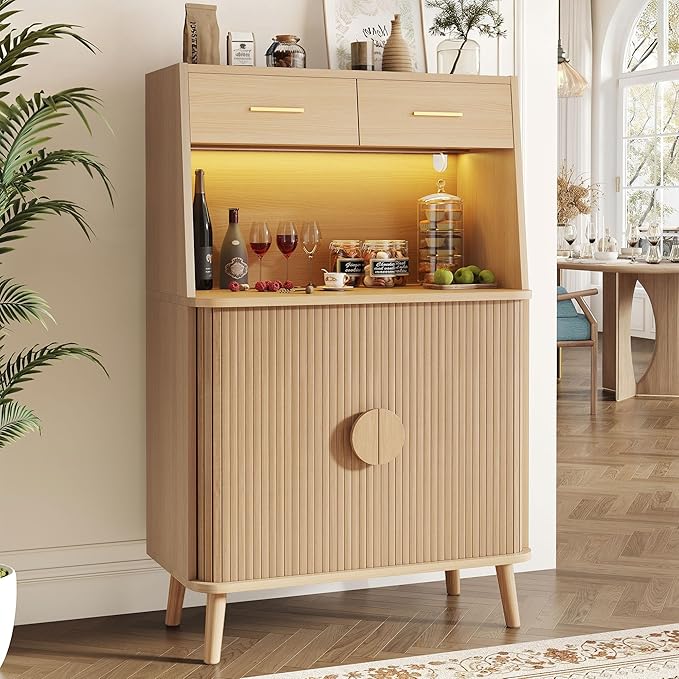 Decofy 47.2" Sideboard Buffet Cabinet with LED Light & Sliding Door, Modern Storage Cabinet with Adjustable Shelf &2 Drawers, Coffee Bar for Kitchen, Entryway(Oak)