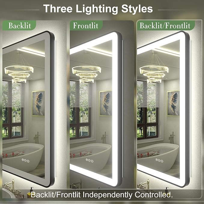 60"x40" LED Mirror for Bathroom, Black Framed LED Bathroom Vanity Mirror, Dimmable, Anti-Fog, Shatterproof, Independent Backlit+Front Lights, Rounded Corner, Memory, ETL Listed
