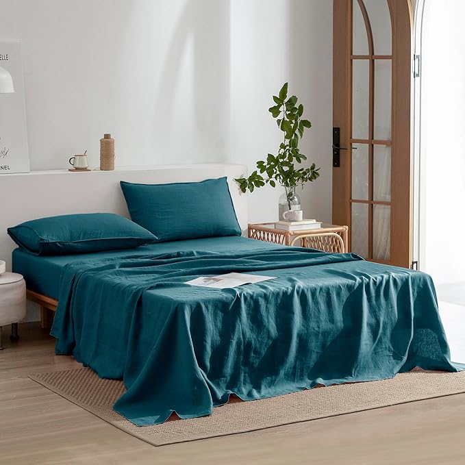 EVERLY Linen Sheets Set King Size,100% French Stonewash Pure Linen Sheets Set,4Pieces (1Flat Sheet,1Fitted Sheet,2Pillowcase) Suitable for Hot Sleepers,Deep Pocket Natural Bedding Set-Graphite Blue
