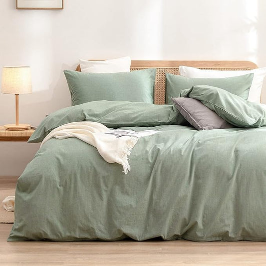 BESTOUCH Duvet Cover Set 100% Washed Cotton Linen Feel Super Soft Comfortable Chic Lightweight 3 PCs Home Bedding Set Solid Green Full/Double