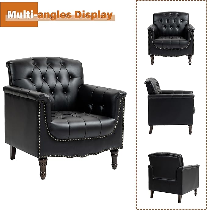 Faux Leather Club Chair, Retro Upholstered Armchair Accent Chair with Solid Wood Legs & Nailhead Trim for Living Room, Bedroom, Reading Room, Black