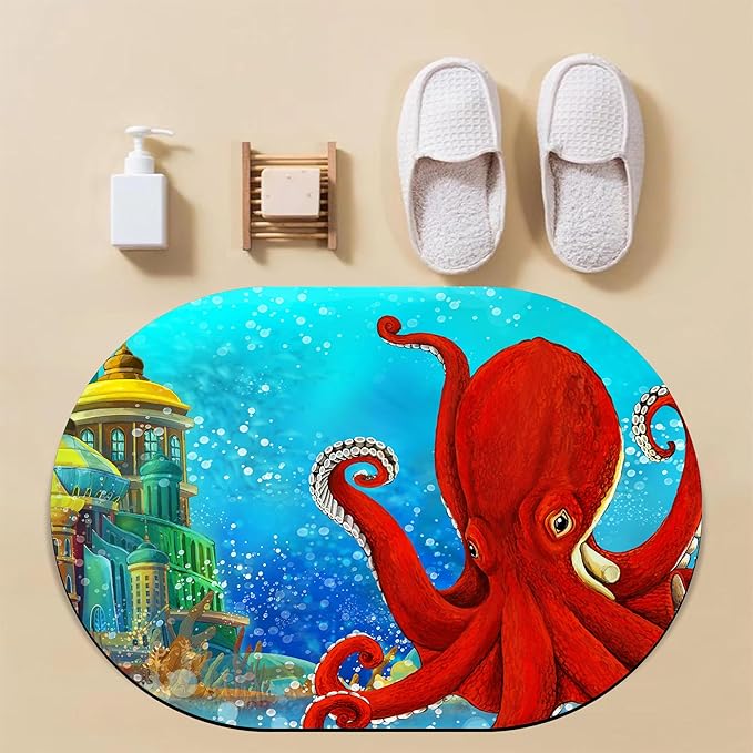 Bathroom Rug Mat Cartoon Underwater Octopus Kingdom Oval Bath Mat Doormat Absorbent Quick Dry Non Slip Diatom Mud Mat for Shower Tub Sink Laundry Kitchen Doorway 23.6x15.7 Inches