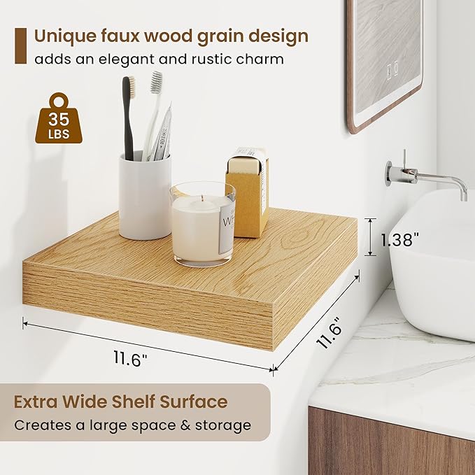 Marsmiles Square Floating Shelves for Wall, 12" W x 12" D x 1.5" H, 3 Pack Small Wall Mounted Engineered Wood Shelves with Invisible Brackets for Living Room, Bedroom, Bathroom, Kitchen Decor, Oak