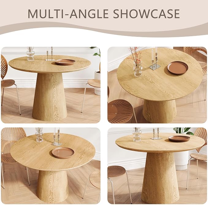 JUSTONE 43.3" Round Dining Table for 4-6,Wood Farmhouse Rustic Kitchen Table with Mid-Century Modern Pedestal Base, Natural Finish for Dining Room/Kitchen/Living Room(Natural)