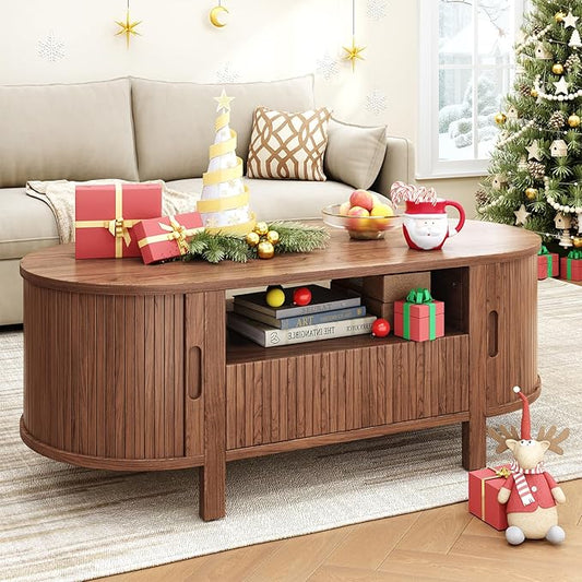 ONBRILL 47.2 Inch Oval Coffee Table with Storage, Mid Century Modern Coffee Table with Drawer, Center Table with Sliding Door and Wood Fluted Handle for Living Room, Walnut