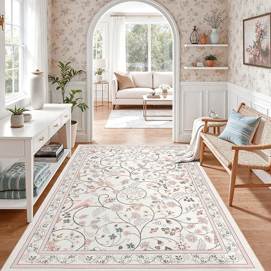 DCX Pink Vintage Floral Area Rug 6x9, Machine Washable Botanical Bird Rug Non Slip Soft Low Pile Large Carpet for Living Room, Bedroom, Dining Room, Home Office
