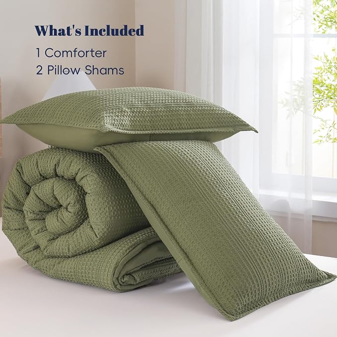 PHF Soft Waffle Comforter Set Queen Size- Comfy Breathable Waffle Weave Comforter with 2 Pillow Shams, 3 Pieces Less Snagging Lightweight Textured Bedding Set for All Season, Olive Green