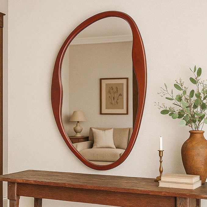 Asymmetrical Wood Mirror, Irregular Wall Mirror, Walnut Wooded Framed Wave Mirrors for Bathroom, Bedroom, Living Room, Entryway, Farmhouse Mid Century Modern Mirrors(36" H x 20" W)