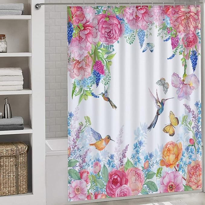 Hummingbird Butterfly Floral Shower Curtain, Spring Watercolor Flowers Blossom Floral Plant Nature Waterproof Shower Curtains for Bathroom Decor 12 Pack Hooks 66x72in（168x183cm）
