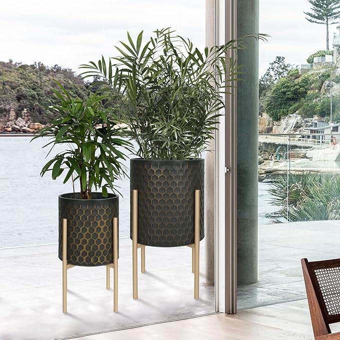 Oakrain Mid Century Planters for Indoor Plants, Set of 2, Modern Decorative Metal Pots for Living Room, Office, Garden or Balcony, Black&Golden Honeycomb, 10inch&12inch