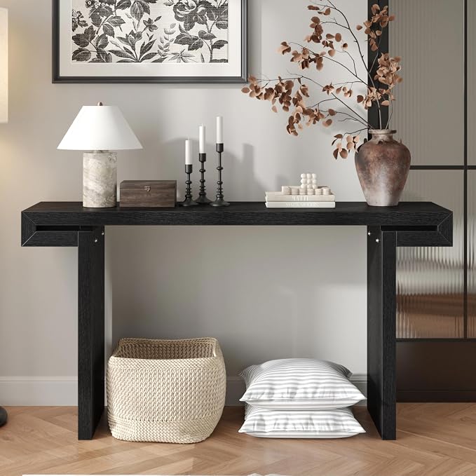 Wood Console Table, 60" Retro Long Sofa Table Behind Couch with Real Wood Veneered, Farmhouse Wooden Narrow Sofa Table Hall Table for Living Room Foyer Entrance Entryway, Black