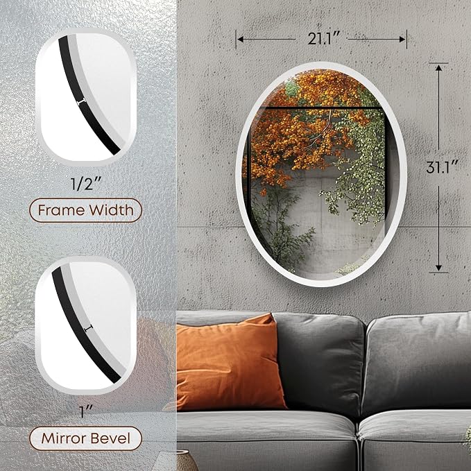 OVALCREST - Oval Wooden Beveled Wall Mirror for Home Decor, Bathroom, Vanity, Bedroom, Living Room, Hallway - London Style (Linen White) 31.1 x 21.1