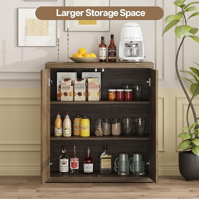 Fluted Sideboard Cabinet with Storage, Mid Century Modern Accent Cabinet, Wood Credenza Cabinets with Adjustable Shelves & Pop-up Doors Perfect for Entryway Kitchen Living Room, Brown