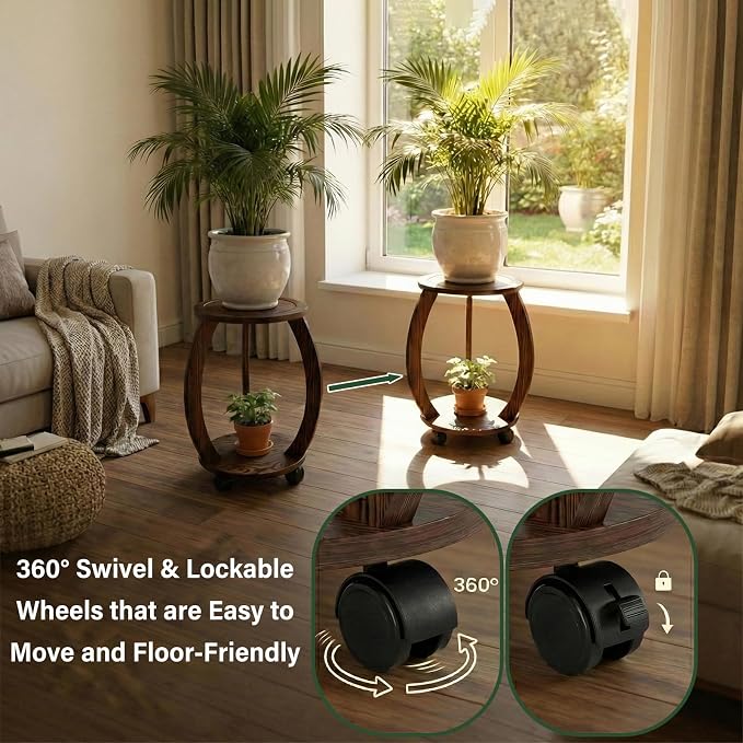2 Pack 2 Tier Wooden Plant Stand Indoor with Wheels – Tall Plant Stand for 6-12 Inch Pots, Mid-Century Modern Rustic Plant Table Indoor, Pedestal Stand for Corner, Living Room, Balcony