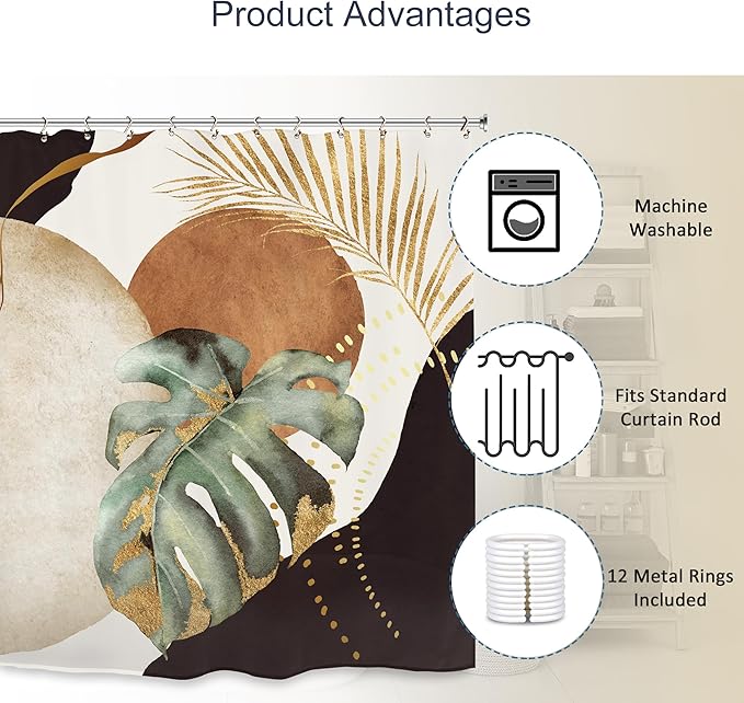 Yookeb Abstract Mid Century Bathroom Shower Curtain 60W by 71H Inch Modern Plant Neutral Minimalist Brown Leaves Aesthetic Polyester Fabric 12 Plastic Hooks Waterproof Decor