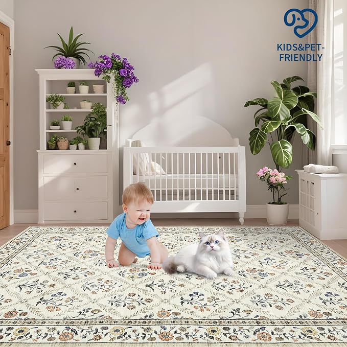 GarveeHome 6x9 Machine Washable Area Rugs for Living Room Floral Stain Resistant Soft Carpet Vintage Low Pile Non Slip Non-Shedding Floor Carpet Rugs for Bedroom Nursery Beige