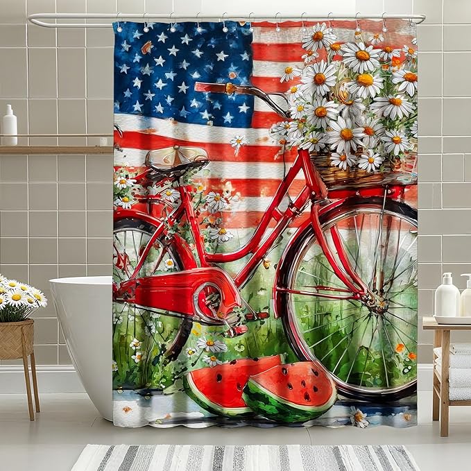 American Flag Shower Curtain Watercolor Bike Flowers Shower Curtains for Bathroom Waterproof Fabric Bath Curtain Decor with Hooks