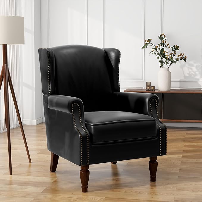 Faux Leather High Back Accent Chairs Set of 2, Upholstered Armchair for Living Room, Retro Wingback Arm Chair Nailhead Trim Single Sofa Bedroom Reading Seat with Solid Wood Legs - Black
