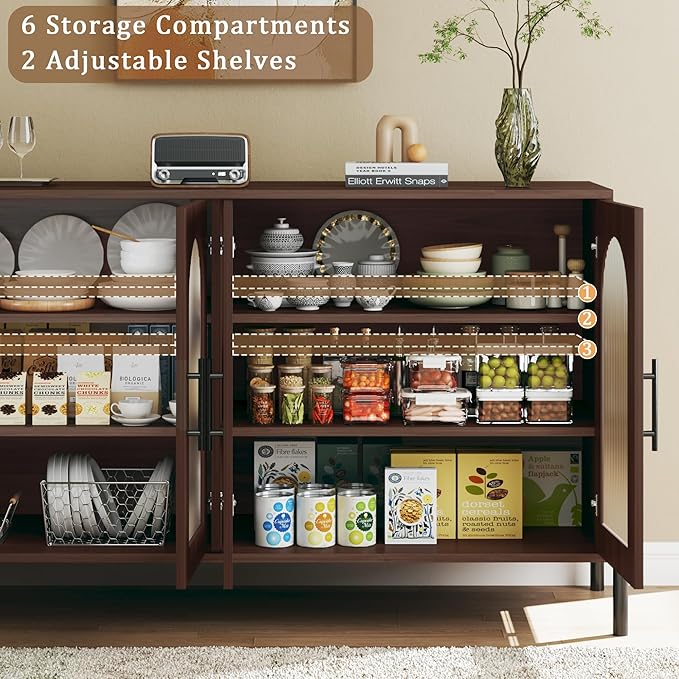 HUAHUU 55" Buffet Cabinet with Storage, Large Sideboard Buffet Cabinet with 4 Doors & 2 Adjustable Shelves, Modern Sideboard Storage Cabinets for Kitchen Living Room Entryway, Walnut
