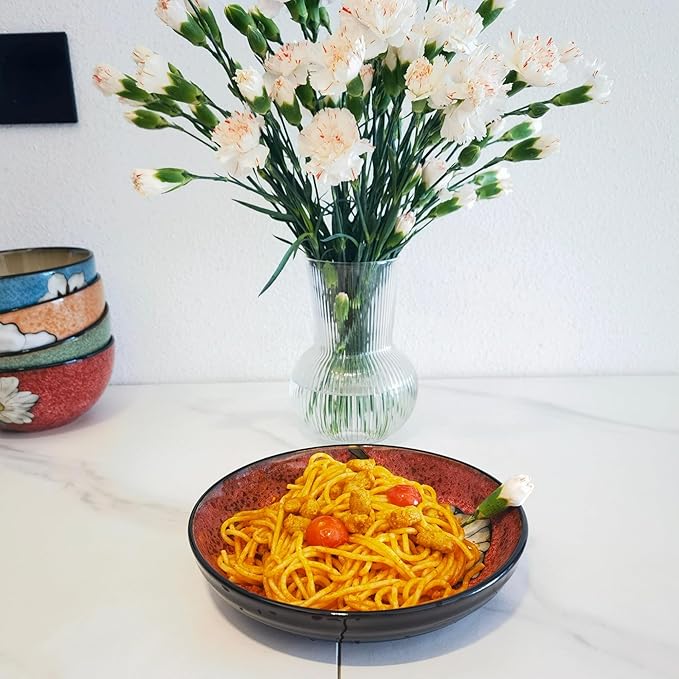30oz Ceramic Pasta Bowls For Kitchen, 8.5 in - bowl/plate Set of 4 - For Pasta,Salad,Appetizer, Serving etc - Dishwasher, Microwave, and Oven Safe - For Breakfast, Lunch and Dinner