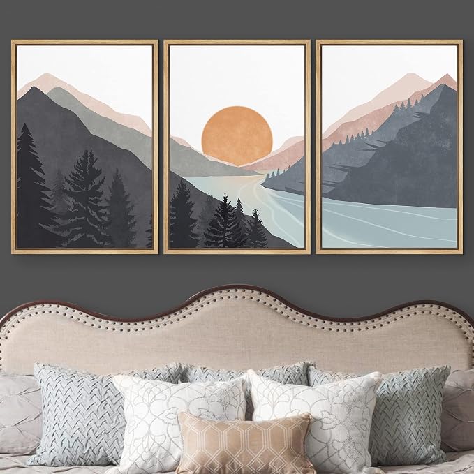 wall26 Framed Canvas Print Wall Art Set Mountain Range Sunlight Horizon Abstract Nature Illustrations Modern Art Nordic Decorative Minimal Boho for Living Room, Bedroom, Office - 24"x36"x3 Natural
