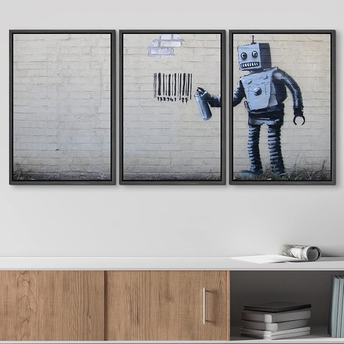 wall26 - Robot Graffiti Banksy Street - Framed Canvas Art Wall Art - 24"x36"x3 Black