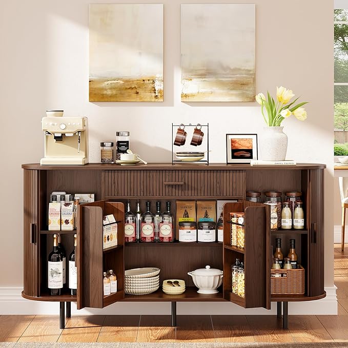 ONBRILL 63“ Sideboard Buffet Cabinet with Storage, Sideboard with 1 Drawer & 2 Door Shelves, Mid-Century Modern Kitchen Cabinets with Sliding Door, Coffee Bar Cabinet for Kitchen, Living Room, Walnut