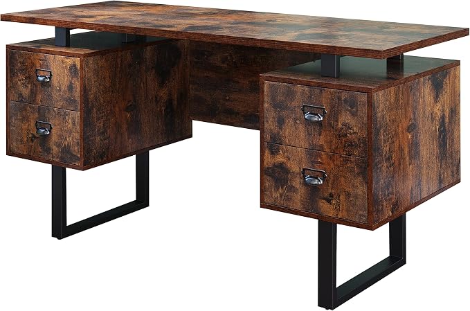 Computer Desk for Home Office with 4 Large Drawers, Rustic Wood Writing Study Table with Metal Frame, 59” x 21.7” x 29.5”, Easy Assembly, Vintage CTSZ20401RC