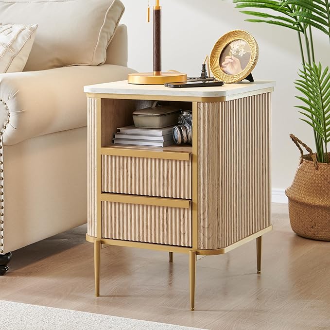 OKD Modern Chic Fluted Nightstand Set of 2 Luxury with Charging Station, End Table/Bed Side Table w/2 Drawers, Faux Marble Tabletop, Gold Metal Decor, Curved Edge Design, Natural Oak