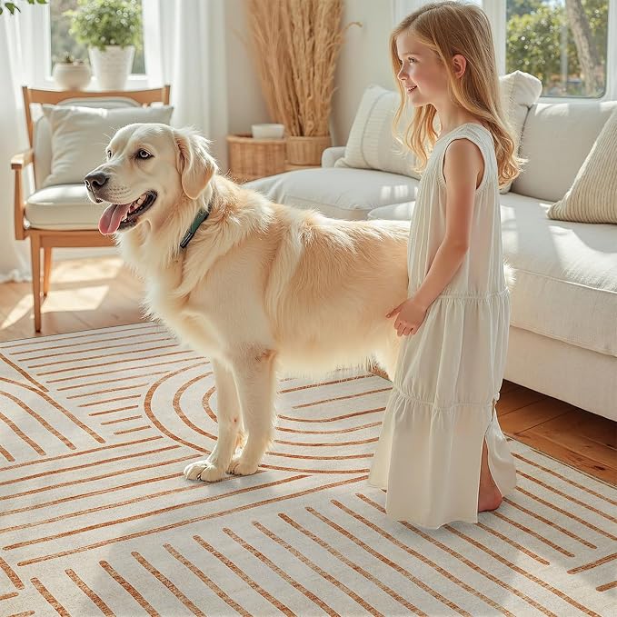 DCX Beige Machine Washable 6x9 Area Rug, Midcentury Modern Non Slip Stain Resistant Rug 6x9 for Living Room, Playroom, Dining Room, Soft 0.25" Low Pile Large Carpet